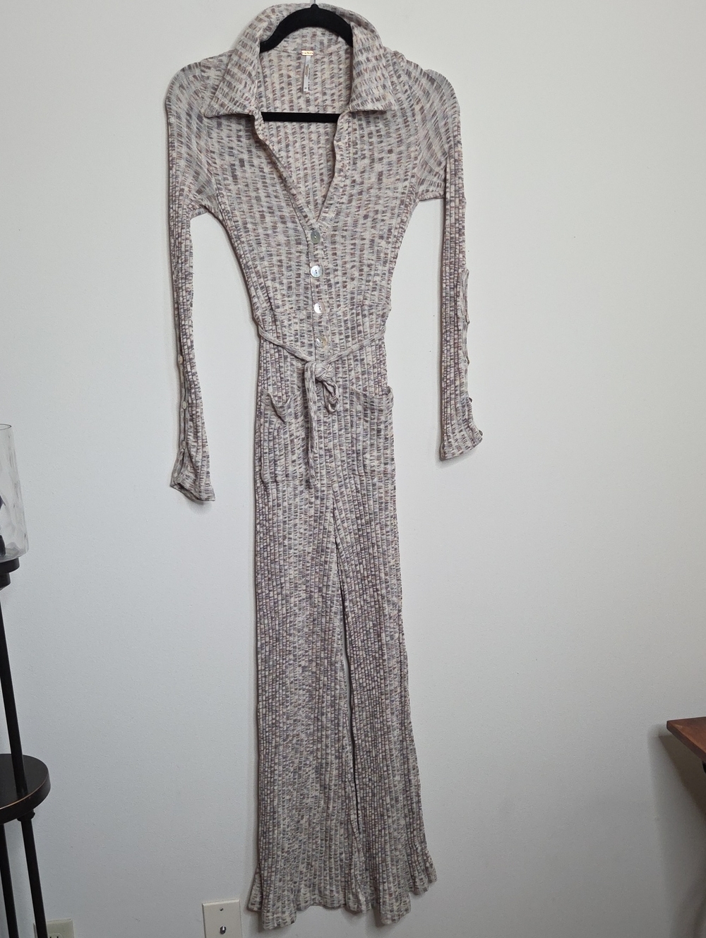 Free People Ribbed Collared Button-Front Jumpsuit in Taupe Speckle